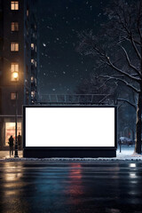 Big blank advertising mockup billboard in winter city road with light, ad banner. Promo poster mock-up in urban street, template for your text. Presentation board, large screen display. Copy ad space