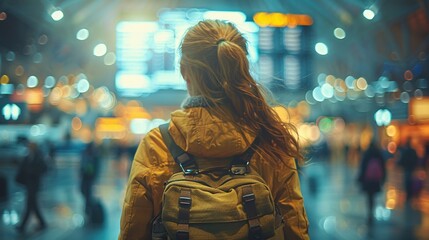 Young female backpacker looking at flight board image. Illuminated train station photography wallpaper. Passenger hustle picture scene realistic. Wanderlust concept photorealistic photo