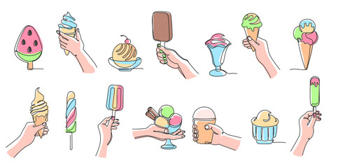 One line ice cream. Twisted lollipop, watermelon slice popsicle, classic sundae treats and cone ice creams with holding hand vector illustration set with editable stroke paths