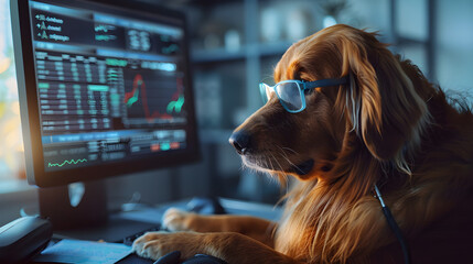 A funny dog ​​in glasses carefully analyzes financial data on a computer, like a real financial expert.