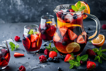 Refreshing homemade sangria with summer fruits in pitcher and glasses