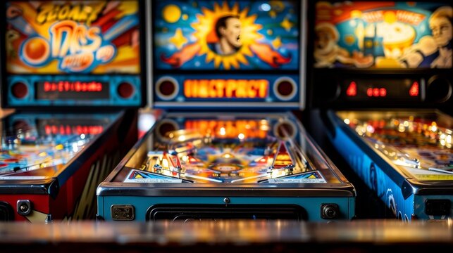 Row of classic pinball machines in an arcade, featuring vintage designs and colorful lights