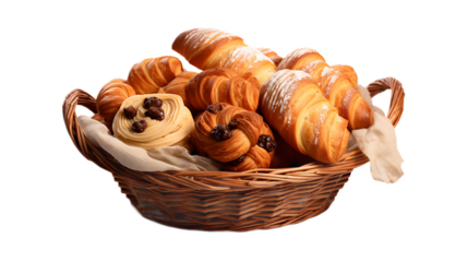 A basket of assorted pastries with a transparent background.