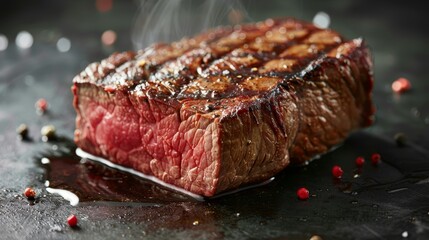 Medium-rare Coulotte beef, close-up shot emphasizing the juicy pink center and sear marks, perfectly lit in a studio setting