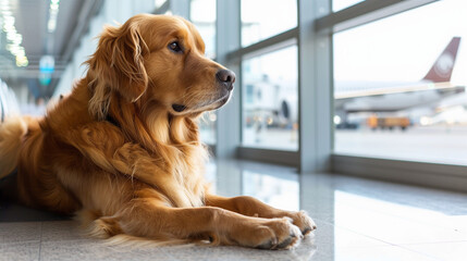 Golden Retriever Sitting in Front of Airport