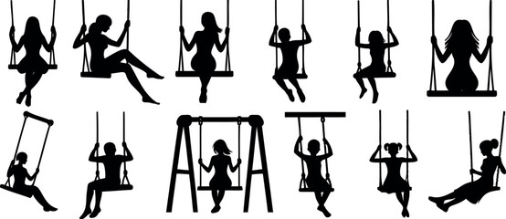 swing silhouette, people on swing, playful girls and boys swinging vector illustration. Kids, adults on swings, Depicting joy, leisure, outdoor fun. Perfect for playground equipment