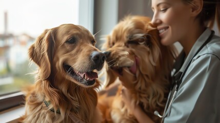 A veterinarian giving a checkup to a cooperative golden retriever, showing trust and professional care in pet health