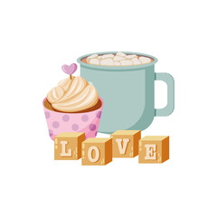 Romantic and cozy dessert, hot cocoa with marshmallows, cupcake with whipped cream and wooden cubes with letters. Flat vector illustration.