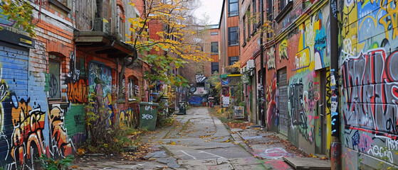 Colorful graffiti covers walls in urban street scene filled with vibrant energy and creativity.
