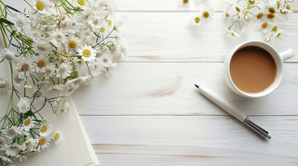 Guest list, coffee, pen and beautiful flowers on white wooden table, flat lay.