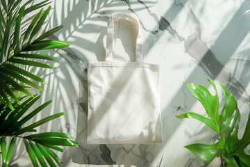 A white tote bag sits on a marble table