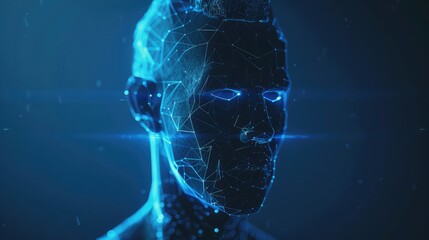 A surreal scene showcasing a cyborg man with AI, featuring face recognition and biometric scanning technology in a polygon vector wireframe style, symbolizing the evolution of machine learning.