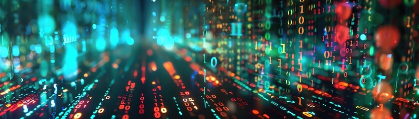 Obraz premium Binary chaos front view close up of chaotic binary code dispersing across an abstract tech backdrop to depict information overload digital 
