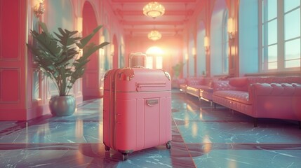 Pink suitcase stands in luxurious sunlit hotel corridor 3d rendering image. Chic luggage. Opulent interior wallpaper art colorful realistic. Upscale travel concept idea, conceptual photo