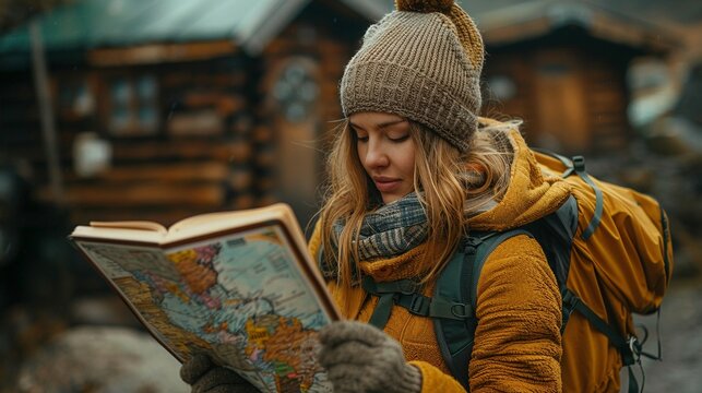 Winter attire woman traveler engrossed in map closeup image. Knitted hat female close up photography marketing. Solo travel concept photo. Travel planning picture photorealistic