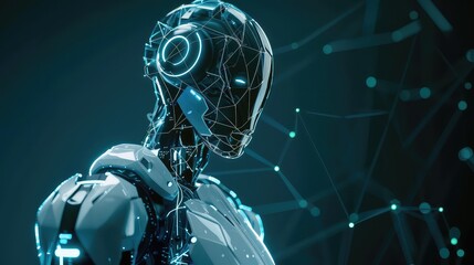 A futuristic visualization showcasing a robot with artificial intelligence, incorporating biometric scanning and 3D scanning capabilities in a polygon vector wireframe concept.