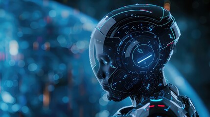 A futuristic visualization showcasing a robot with artificial intelligence, featuring biometric scanning and 3D scanning capabilities in a polygon vector wireframe concept.