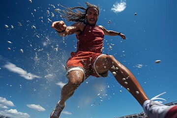 Tennis player swinging at a highspeed ball, concentration visible, stadium packed, clear blue sky