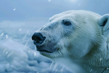 Close-up of a polar bear gazing into the distance, its habitat shrinking due to the effects of climate change.