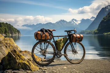 Fototapeta premium A bicycle is parked on the side of a lake. There are mountains in the background.