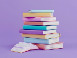 3d render stack of books and paper on purple background,