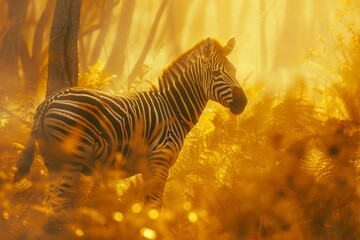 Morning mist in africa. Adult zebra stands among trees. Zebra grazing on golden grass - ai creates art of nature