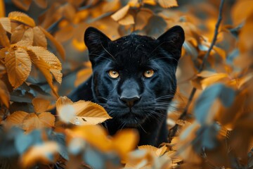 Majestic panther roaming freely through vibrant fall foliage with piercing stare