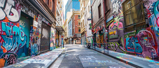 Gritty urban environment, with vibrant graffiti-covered walls creating a colorful and lively street...