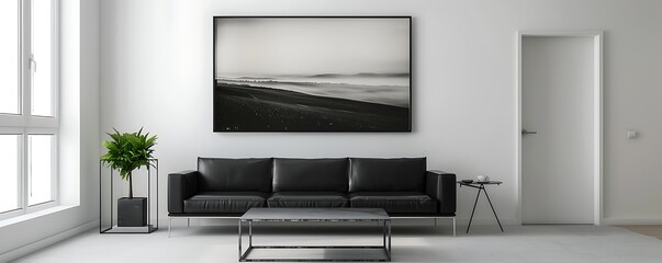 A contemporary living room with minimalist elegance, featuring a sleek black sofa, a minimalist metal coffee table, and a large black and white photo of a serene landscape