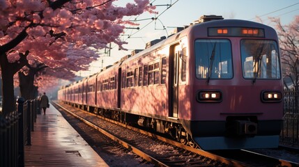 Obraz premium Pink train moves through cherry blossom-lined path image. Urban transit photography wallpaper. Eco-friendly transport picture scene realistic. Rail journey concept photorealistic photo