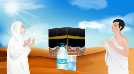 Vector illustration of the Hajj pilgrimage and Zamzam water in the desert