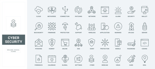 Fraud and virus attack, malware and attention for bugs, digital information protection thin black and red outline symbols, vector illustration. Cyber security, safety connection line icons set