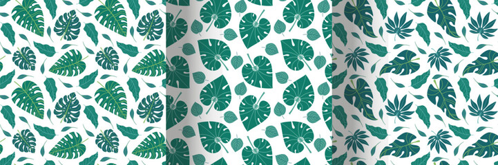 Fototapeta premium Set of tropical seamless pattern. Flat design.Collection of patterns with tropical leaves. Stock illustration.