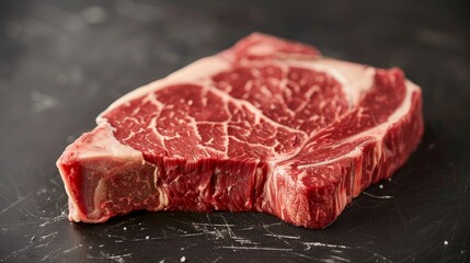 Obraz premium Detailed shot of a raw, premium Porterhouse steak, highlighting the rich marbling and fresh quality, perfect for advertising, isolated background