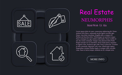 Real Estate icon set. Neomorphism, house, lease, verification, tick, sale, interest rate, mortgage, sold, magnifying glass, search for suitable place of residence, signature. Immovables concept.