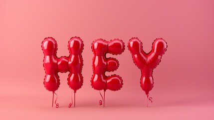 The word "HEY" is made of red heart-shaped balloons on a pink background