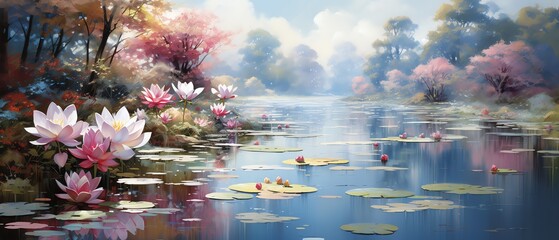 Fragrant lilies by a serene pond, reflections in the water, a peaceful, tranquil setting