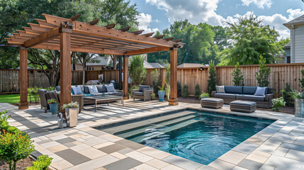 Outdoor furniture by pool under pergola in backyard living area. Concept Backyard Design, Outdoor Living Space, Poolside Pergola, Outdoor Furniture