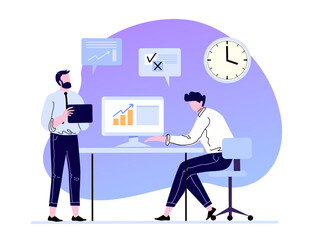 Professional business communication and working management. Man working at desktop computer, preparing financial report