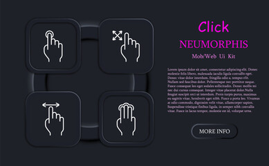 Clicks set icon. Press, double touch, 3D touch, zoom out, zoom in, swipe, shift, rotate, scroll, delay, load, left finger, hand, palm, feed, triple tap, neomorphism. Gestures concept.