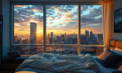 High rise apartment bedroom with large window view of a city. Upscale urban condo.