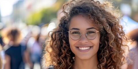 smiling woman in glasses with crowd