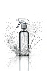 A transparent spray bottle with a white background. Water is splashing around the bottle.
