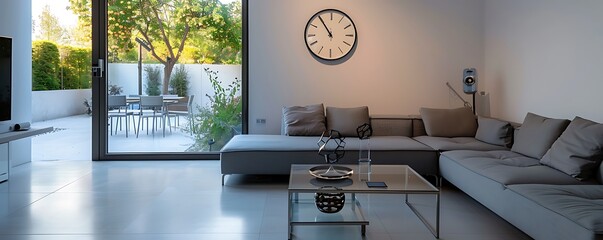 A contemporary living room with minimalist furniture, including a thin slate grey sofa, a glass and steel coffee table, and an oversized wall clock in a minimalist design