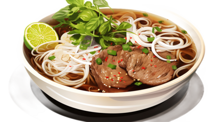 A bowl of beef pho with garnishes on the side and a transparent background.