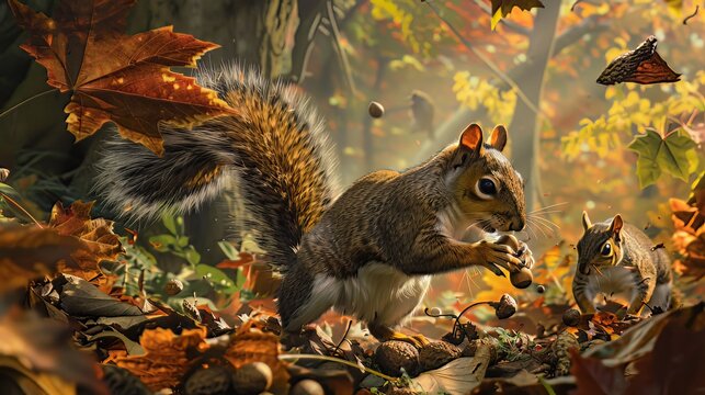 Squirrels Gathering Nuts: In a dense forest, squirrels scamper across the ground, gathering acorns and other nuts to store for the winter months