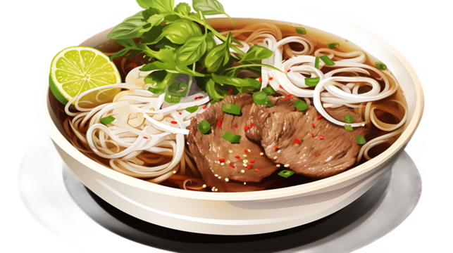 A bowl of beef pho with garnishes on the side and a transparent background.