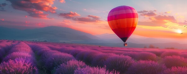 Hot air balloon fliying over a colorful purple field of lavender flowers.