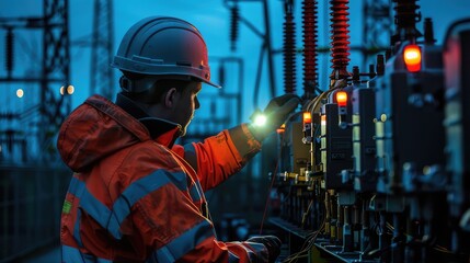 A captivating shot of a substation power worker inspecting equipment with a flashlight in hand, highlighting their dedication to ensuring the reliability .