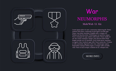 War set icon. Machine gun, automatic rifle, clip, magazine, neomorphism, body armor, pistol, Glock, sight, tag, military, mercenary, operative, modern warfare. Weapon concept.